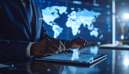 Data Analyst: A close-up shot of a data analyst using a tablet device against a backdrop of a world map, symbolizing global business insights.