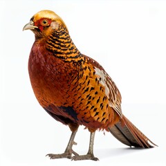 Vibrant plumage adorns a male pheasant, captured in stunning detail, portrait view on white background