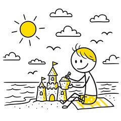 Verão, Praia, Férias, Brincadeira, Sol, Castelo de areia, Toalha de praia, Balde de praia, Pá de brinquedo, Ilustração, Desenho de criança, Personagem de palito, Estilo simples, Fundo branco, Tempo de
