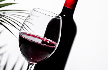 Elegant non-alcoholic red wine in a crystal glass with a dark bottle and subtle background lighting...