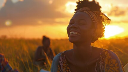 Golden Hour Joy: A Sunset Portrait of a Laughing Woman in a Field