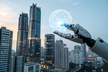 AI robot using cloud computing technology to store data on online server . Futuristic concept of cloud information storage analyzed by machine learning process . 3D rendering illustration .