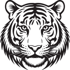 Illustration of a tiger face in black and white with detailed stripes and sharp features design art