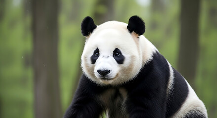 Close-up portrait of a cute panda bear with expressive eyes, set against a blurred, natural green background.