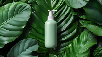 "Natural Green Cosmetic Bottle Mockup Surrounded by Dewy Tropical Leaves – Organic Skincare Branding Template"