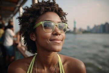 A woman wearing a yellow bikini and green sunglasses