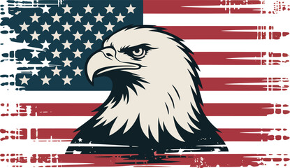 A patriotic illustration of the American bald eagle soaring with the US flag, a national symbol of freedom and unity with stars and stripes