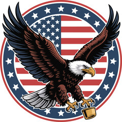 Flying bald eagle and American flag vector illustration symbolizing freedom