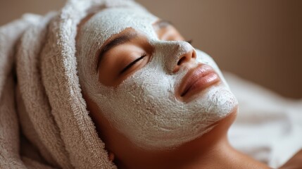 A woman lies comfortably with a facial mask applied, enjoying a moment of relaxation in a calming spa setting. Soft lighting enhances the tranquil atmosphere, promoting well-being