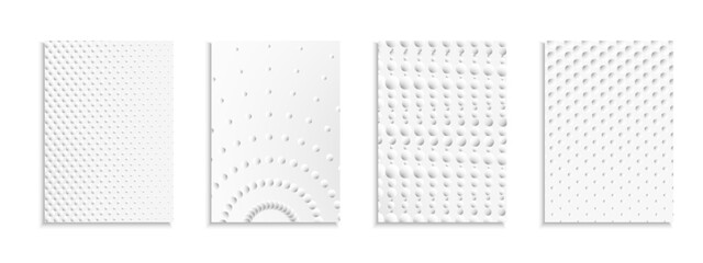 Collection of vector white futuristic dotted templates, posters, placards, brochures, banners, flyers, backgrounds and etc. Contemporary abstract point halftone covers - geometric minimal flat design