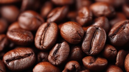 Close-up of dark roasted coffee beans showcasing their rich color and texture, highlighting the aroma that fills the air in a coffee shop. Perfect for coffee lovers and enthusiasts
