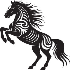 Stylized black horse rearing up with decorative patterns on its body in a vector illustration
