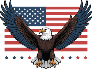 American bald eagle flying with American flag background symbolizing freedom and wildlife