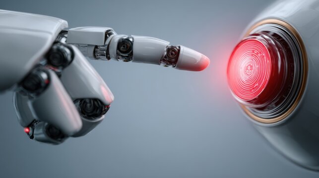 A mechanical hand extends with precision, reaching for a bright red sensor that emits a soft glow