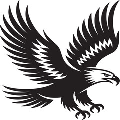 A striking black and white illustration of an eagle with its wings spread wide in flight and talons extended