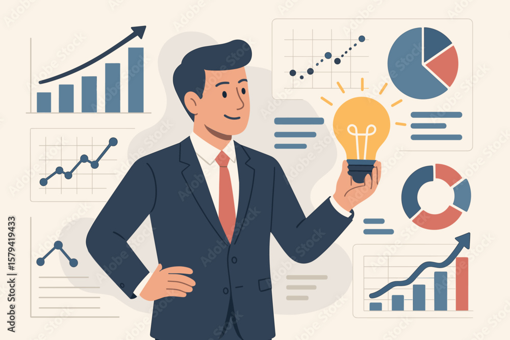 Poster business intelligence and data analysis for insights. businessman with lightbulb idea making decisio