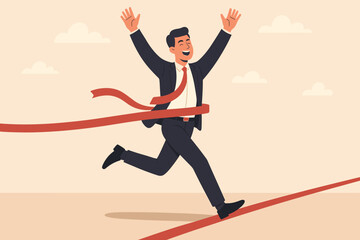 Businessman winning a race, celebrating victory at the finish line. Concept of business success, achievement, skill, and effort to succeed in work, motivation to win.