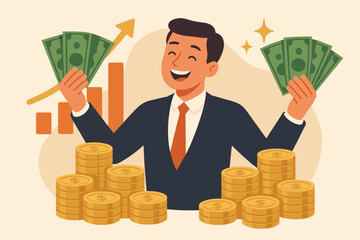 Financial success concept with happy businessman millionaire holding money. Earn profit from investment, savings, or salary increase. Get rich, wealth growth vector illustration.
