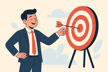 Businessman hitting the bullseye. Business goal achievement concept. Metaphor for success, aiming for the target, marketing strategy, reaching objectives, skill, and perfection.