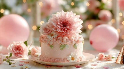 Pink floral cake on plate, surrounded by decorations