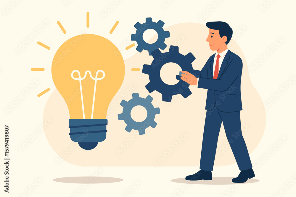 Poster businessman developing innovative idea, project implementation and optimization concept, lightbulb a