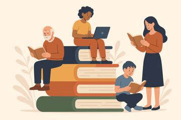 Lifelong learning education concept. Diverse people of different ages reading books, studying, using laptop. Self study, skill development, knowledge growth, continuous learning illustration