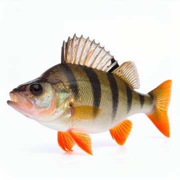 Isolated perch showcasing distinctive markings, a study in aquatic fauna on white background
