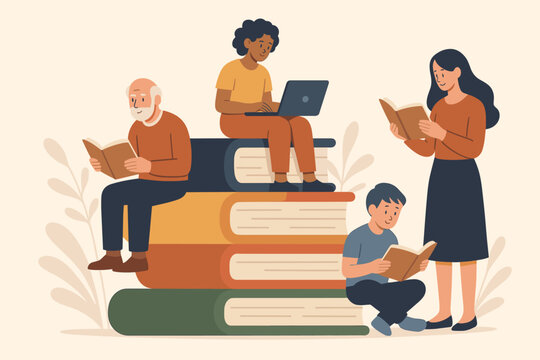 Lifelong learning education concept. Diverse people of different ages reading books, studying, using laptop. Self study, skill development, knowledge growth, continuous learning illustration
