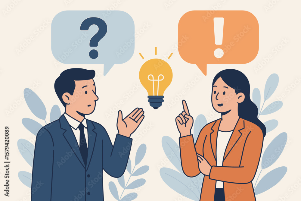 Poster business communication concept illustration. man and woman discussing questions and answers, faq, pr