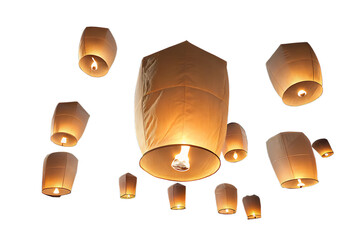 Floating sky lanterns glowing in night sky, symbolizing wishes on AI generated by PNG