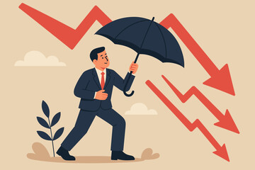 Businessman Holding Umbrella Protecting Against Falling Stock Market, Economic Crisis, Financial Risk, Insurance, Resilience, Downward Graph, Surviving Market Crash Concept