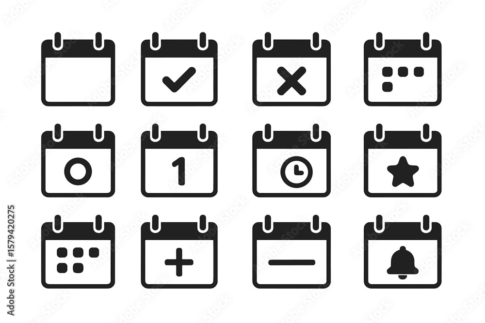 Poster calendar icon set for app and website ui design. event organizer, planner, and schedule symbols. bus
