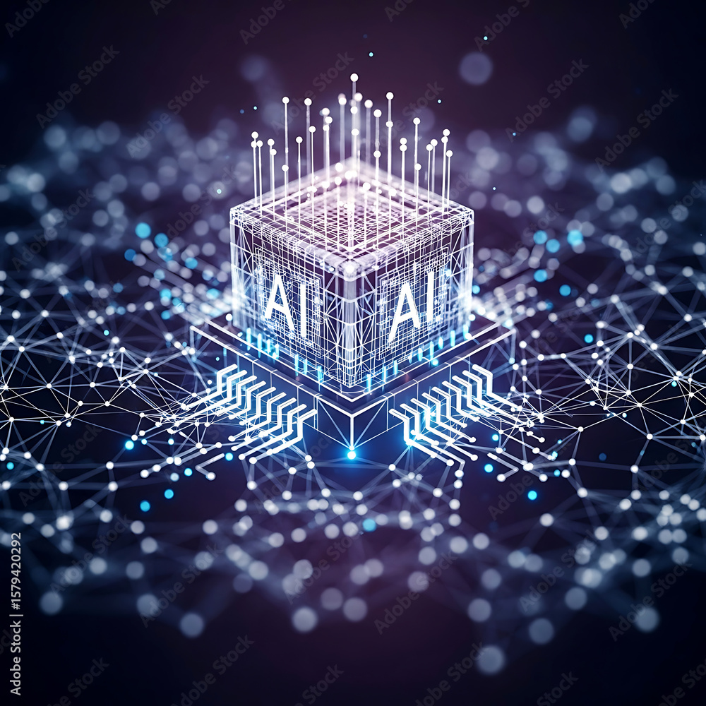 Fototapete digital intelligence conceptualization: a glowing data cube interconnected with futuristic network t