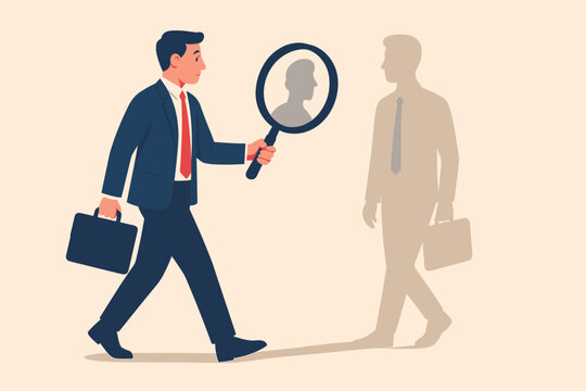 Self assessment and self analysis process concept, businessman walking with briefcase examining shadow with magnifying glass, career planning, personal growth, goal discovery