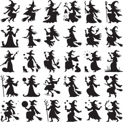 Spooky Halloween Elements Silhouette Vector Set

Witch Flying on Broom with Bats Halloween Clipart

Haunted House with Pumpkin and Bats Silhouette Design

Creepy Halloween Scene with Ghosts and Full M