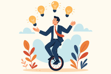 Skillful businessman riding a unicycle and juggling lightbulbs. A metaphor for creativity, innovation, multitasking, and achieving business success. Modern flat vector concept.