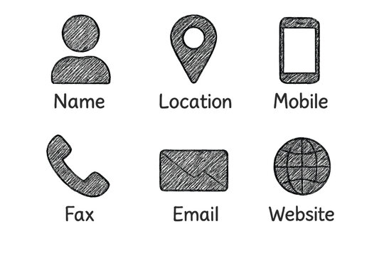 Contact icon set hand drawn scribble sketch style. Communication symbols for business card, web, UI design. Vector collection with name, location, mobile, phone, fax, email.