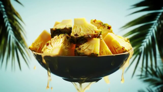 A bowl overflowing with pineapple chunks juice dripping down with palm fronds in the background
