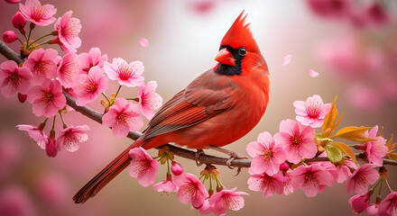Vibrant Red Cardinal Among Pink Cherry Blossoms