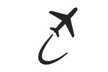 Flying plane with trail symbol. Aeroplane icon with trace path. Airline flight route. Vacation journey tourism concept. Travel logo silhouette. Vector illustration isolated.