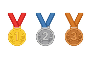 Gold, silver, and bronze medal with ribbon icon set. First, second, and third place winner awards for competition, game, or sport achievement. Vector illustration symbol.
