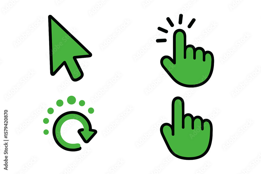 Poster green mouse cursor and hand pointer icons set. click, tap, loading arrow, and interactive ui element