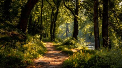 Fototapeta premium Serene Pathway Through Lush Green Forest Under Bright Sunlight