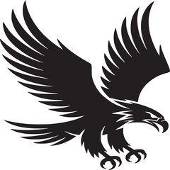 A bold black and white illustration of an eagle swooping down with its wings spread wide open on white