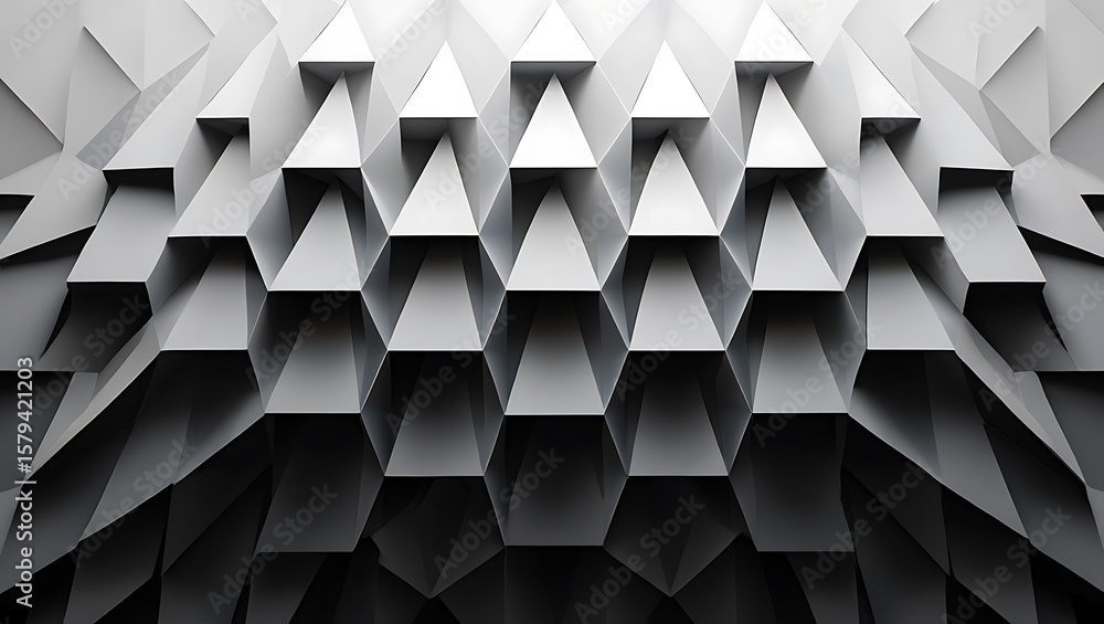 Poster monochromatic triangular pattern creates a dynamic and abstract 3d effect, gray and white geometric 