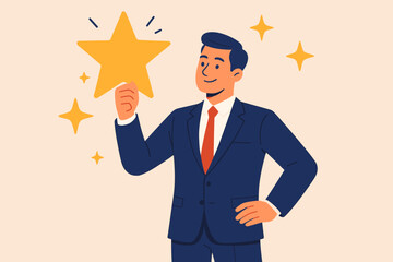 Successful business leader holding star symbol. High performance employee, achievement, recognition, award winner, quality, evaluation, confident businessman, excellence concept