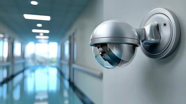 A dome security camera on the wall monitors an empty hallway. Side tracking shot. 4K.