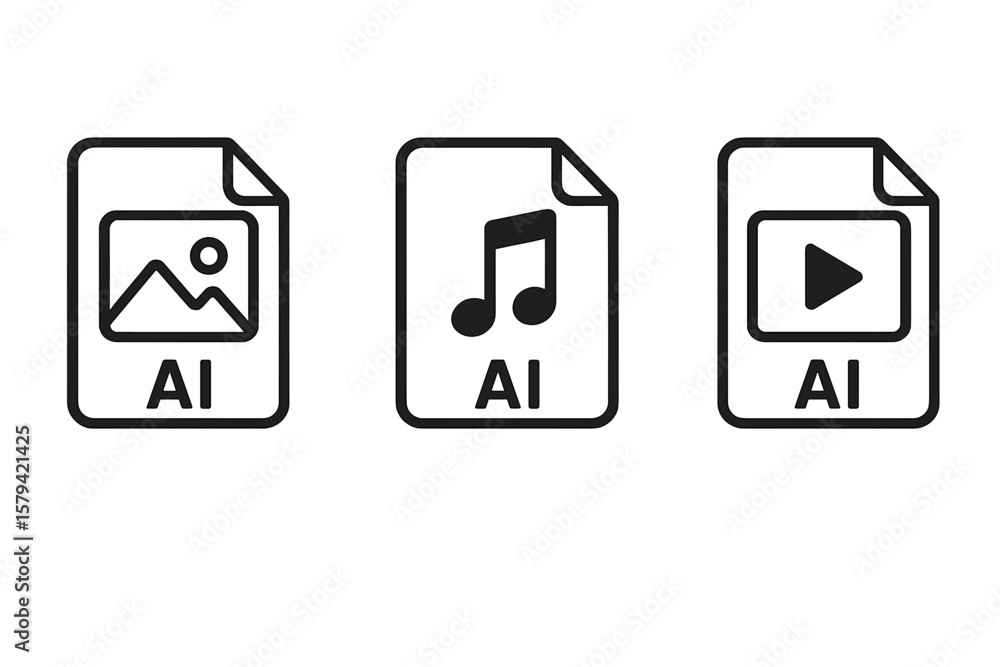 Poster ai generated media file icons set. image, audio, video file symbols. artificial intelligence prompt-