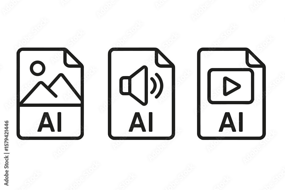 Poster ai generated media file icons set. image, audio, and video file symbols. artificial intelligence con