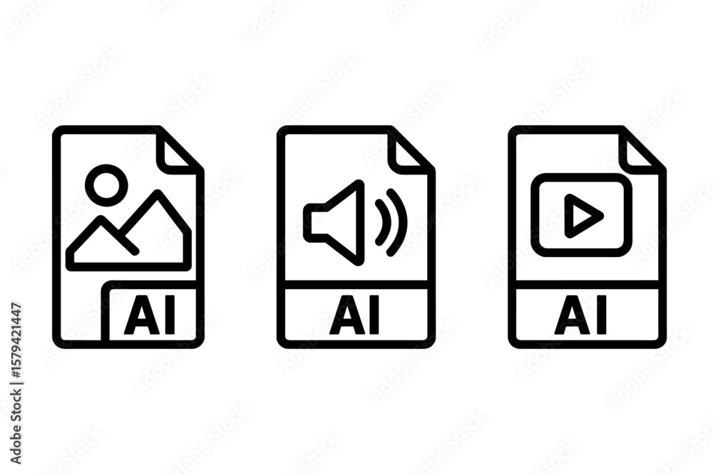 Fototapete AI Generated Media File Icons Set. Image, Audio, Video File Symbols. Artificial Intelligence Prompt-Based Content Creation. Minimalist Line Art. Transparent PNG Vector Illustration